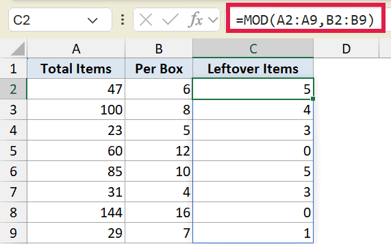 Excel formula bar showing =MOD(A2:A9, B2:B9) to calculate remainder of items per box in column C