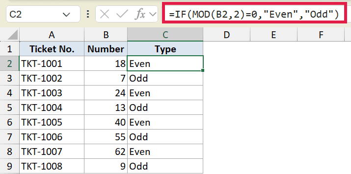 Excel formula IF(MOD(B2,2)=0,
