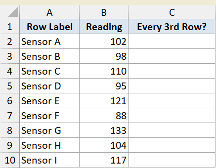 Excel dataset with columns for Row Label, Reading, and Every 3rd Row for the MOD function example