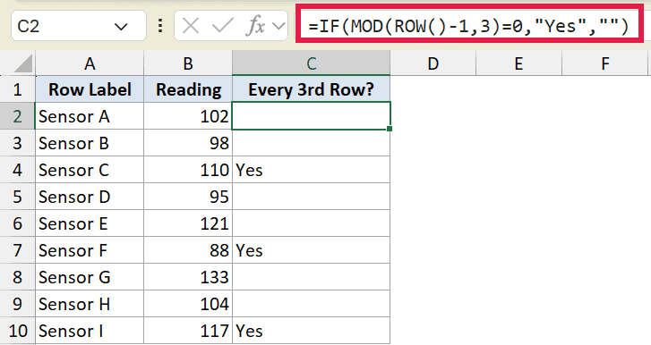 Excel formula IF(MOD(ROW()-1,3)=0,