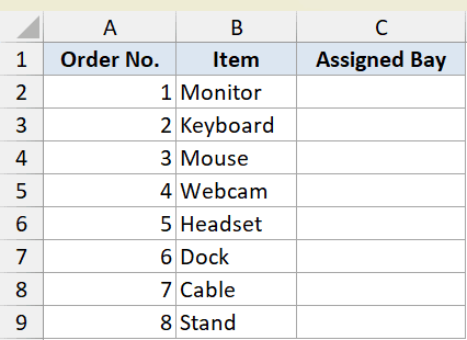 Excel dataset for MOD example 4 showing order numbers 1-8, item names, and an empty Assigned Bay column