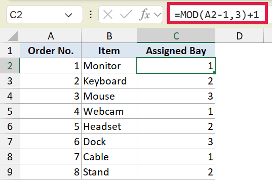 Excel formula bar showing =MOD(A2-1,3)+1 to create a repeating 1-2-3 sequence in the Assigned Bay column