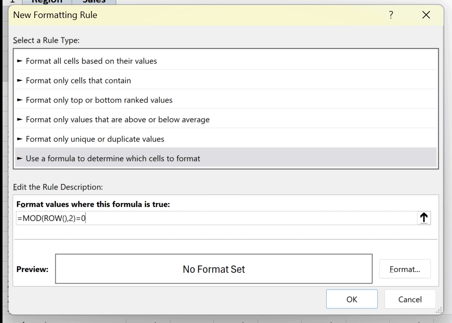 Excel New Formatting Rule dialog with the formula =MOD(ROW(),2)=0 entered under