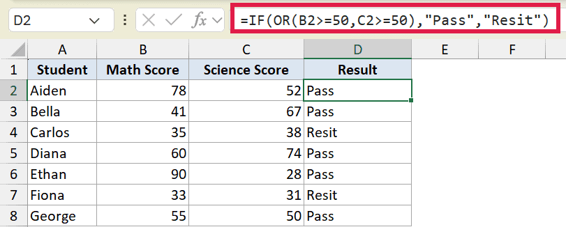 Excel formula bar showing IF OR function with result column displaying Pass or Resit based on student test scores