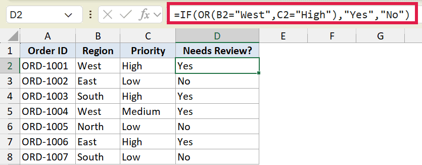 Excel formula =IF(OR(B2=