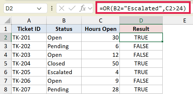 Excel formula =OR(B2=