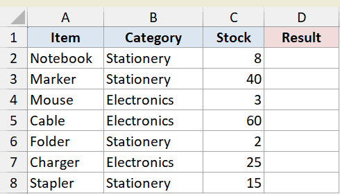 Example 5 dataset showing an Excel table with columns for Item, Category, and Stock, with an empty Result column