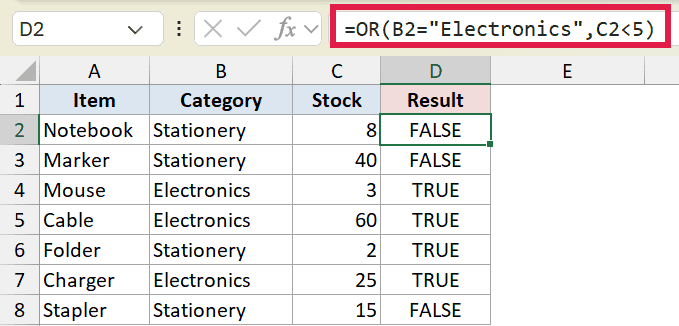 Excel formula bar showing OR function with criteria B2=