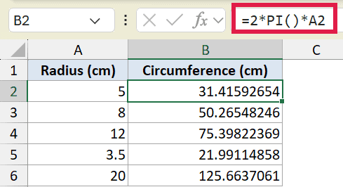 Excel formula =2*PI()*A2 in the formula bar calculating circle circumference from radius in cell A2