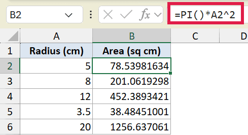 Excel formula =PI()*A2^2 calculating the area of a circle based on radius values in column A