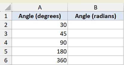 Excel table showing column A with degrees 30, 45, 90, 180, 360 and empty column B for radian conversion calculations