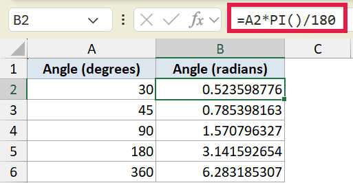 Excel formula =A2*PI()/180 in the formula bar, converting degrees in column A to radians in column B