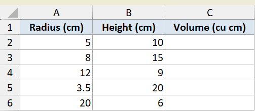 Excel table showing pi example 4 dataset with columns for Radius, Height, and Volume for five different cylinders