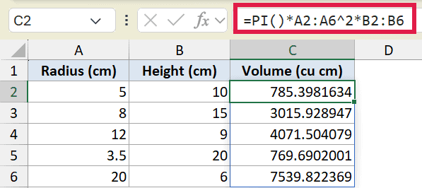 Excel formula bar showing =PI()*A2:A6^2*B2:B6 to calculate cylinder volume based on radius and height columns