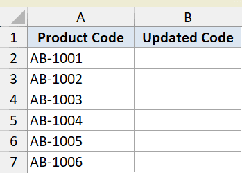 Excel dataset with Product Code in column A and empty Updated Code column B for REPLACE function example