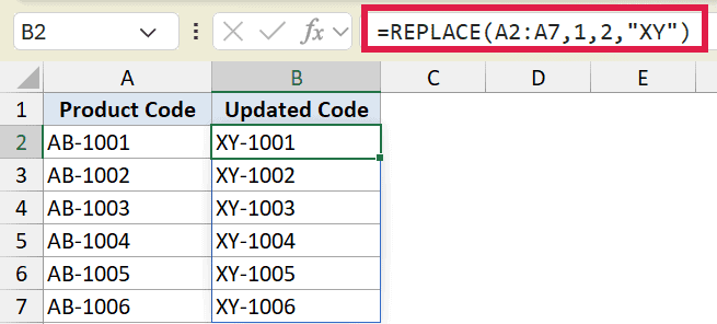 Excel formula =REPLACE(A2:A7,1,2,
