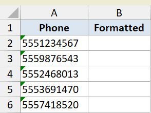 Excel dataset for REPLACE function showing a list of unformatted phone numbers in column A and empty column B
