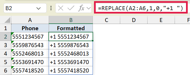 Excel formula bar showing REPLACE function adding +1 prefix to phone numbers in a formatted column