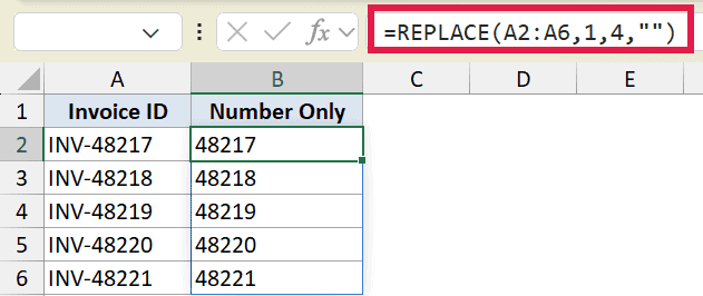 Excel formula bar showing REPLACE function to extract numbers from invoice IDs in column B