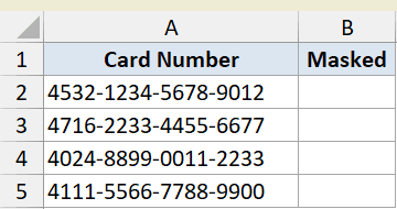 Excel dataset for REPLACE function showing Card Number in column A and empty Masked column B