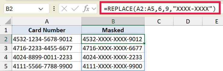 Excel formula =REPLACE(A2:A5,6,9,