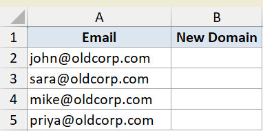 Excel dataset showing email addresses in column A and an empty New Domain column B for REPLACE function example 5