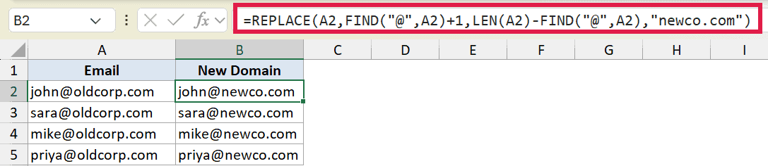 Excel formula bar highlighting REPLACE function to change email domain to newco.com in column B