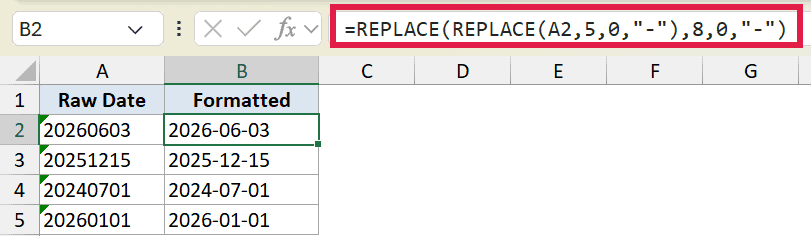 Excel formula bar showing nested REPLACE functions to format raw date strings into YYYY-MM-DD format in cell B2