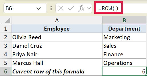 Excel formula bar showing =ROW() with cell B6 highlighted to return the current row number 6