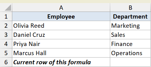 Excel dataset with Employee and Department columns, showing row numbers 1 through 6 for a ROW function example