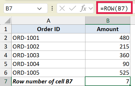 Excel formula bar showing =ROW(B7) with result 7 in cell B7 of an Order ID and Amount table