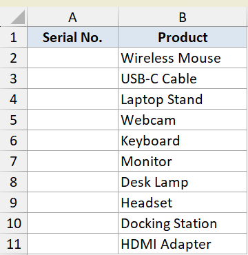 Row example 3 dataset showing an Excel table with empty Serial No column A and product names in column B