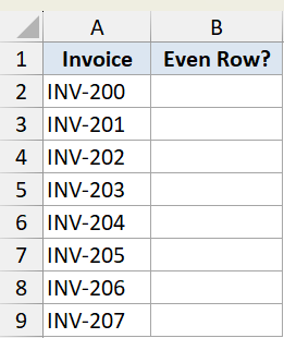 Excel dataset showing Invoice numbers in column A and an empty Even Row? header in column B for ROW function examples