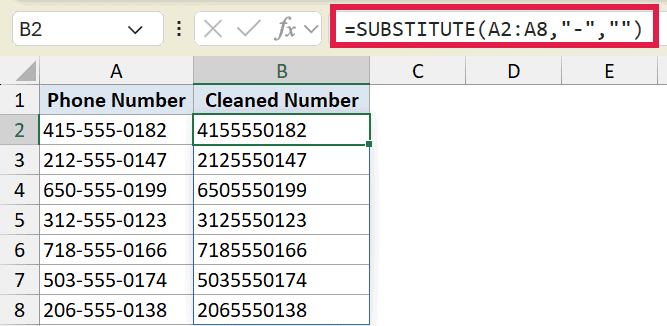Excel formula =SUBSTITUTE(A2:A8,