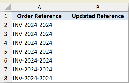 Excel table showing Order Reference column with INV-2024-2024 entries and an empty Updated Reference column