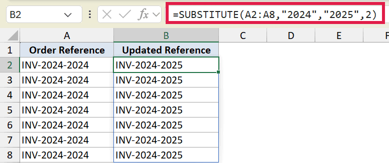 Excel formula =SUBSTITUTE(A2:A8,
