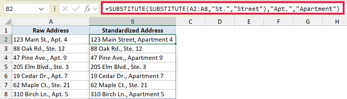 Excel formula bar showing a nested SUBSTITUTE function replacing St. with Street and Apt. with Apartment in addresses