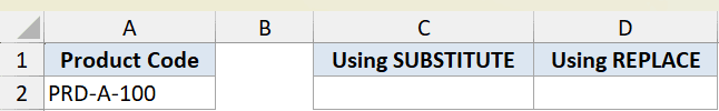 Excel dataset for substitute example 5 showing Product Code PRD-A-100 with headers for SUBSTITUTE and REPLACE functions