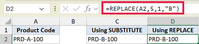Excel formula bar showing =REPLACE(A2,5,1,