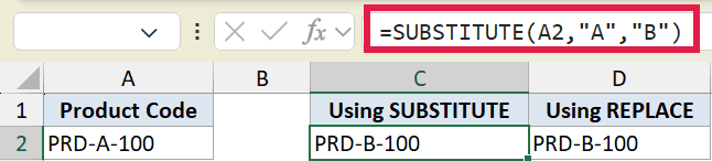 Excel formula bar showing =SUBSTITUTE(A2,