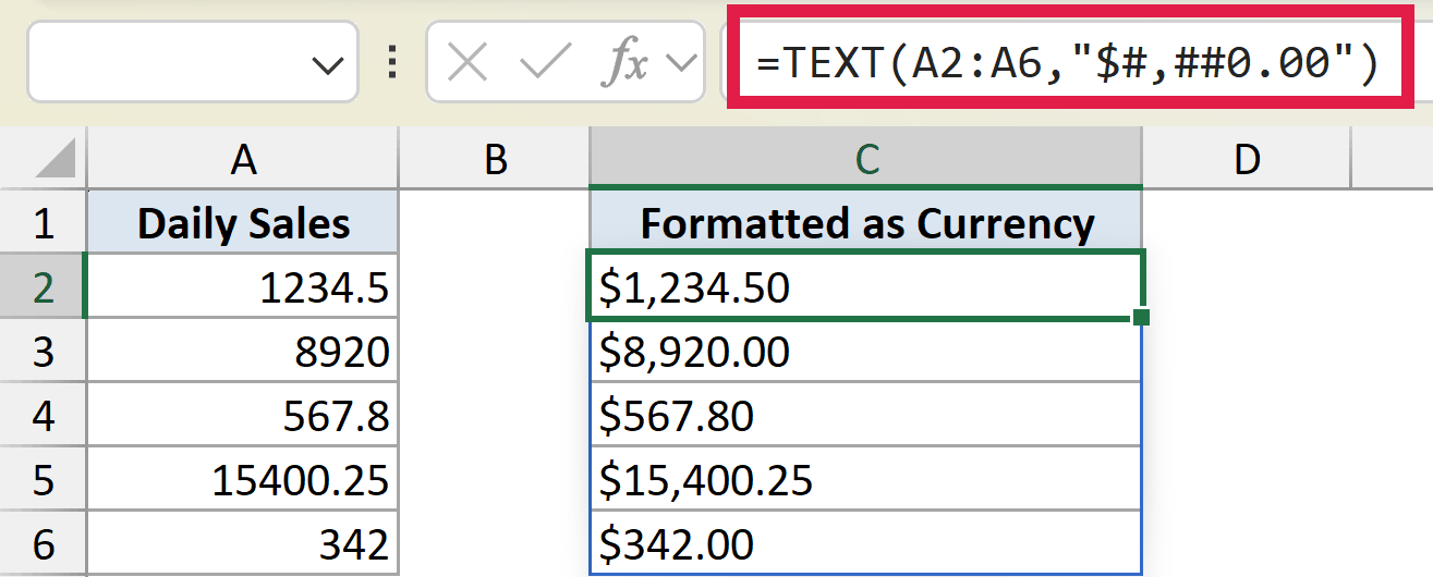 Excel formula =TEXT(A2:A6,