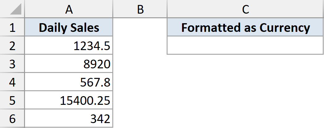 Excel dataset showing Daily Sales numbers in column A and an empty column C for Formatted as Currency results