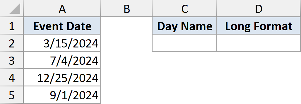 Excel dataset with Event Date in column A and empty columns for Day Name and Long Format calculations