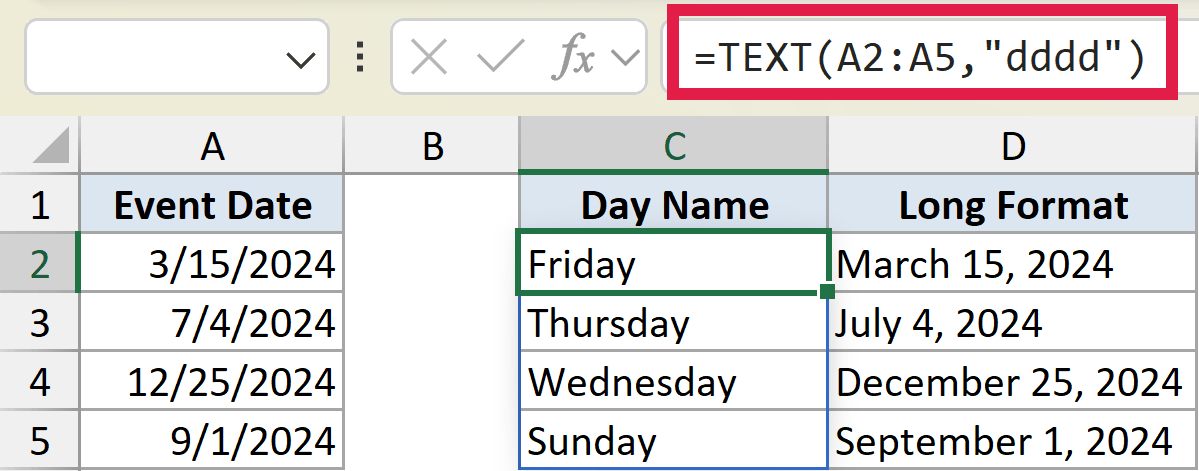 Excel formula =TEXT(A2:A5,