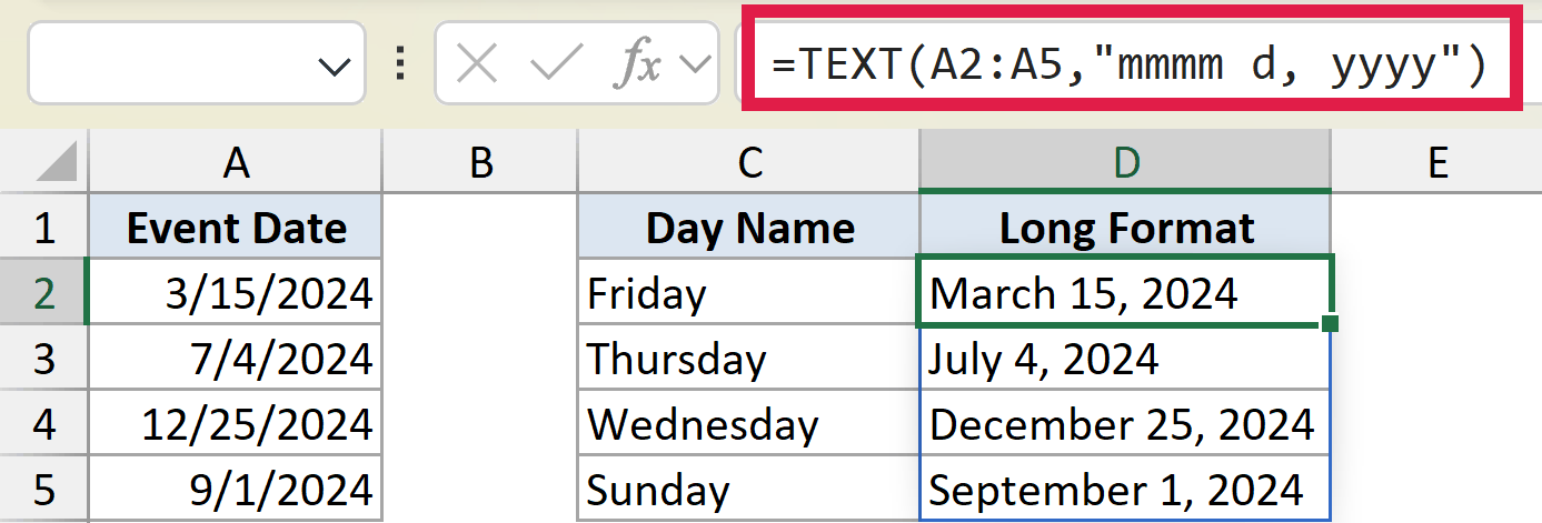 Excel formula =TEXT(A2:A5,