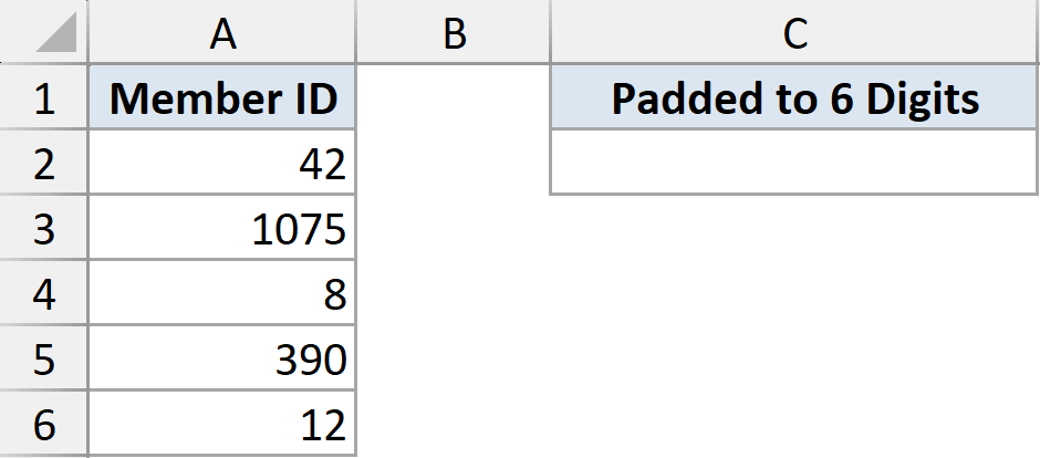 Excel dataset showing Member ID numbers in column A and an empty column C for padding to 6 digits