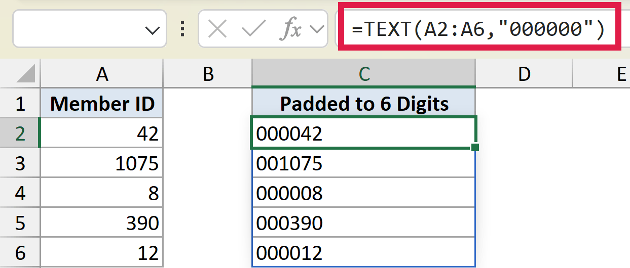 Excel formula =TEXT(A2:A6,