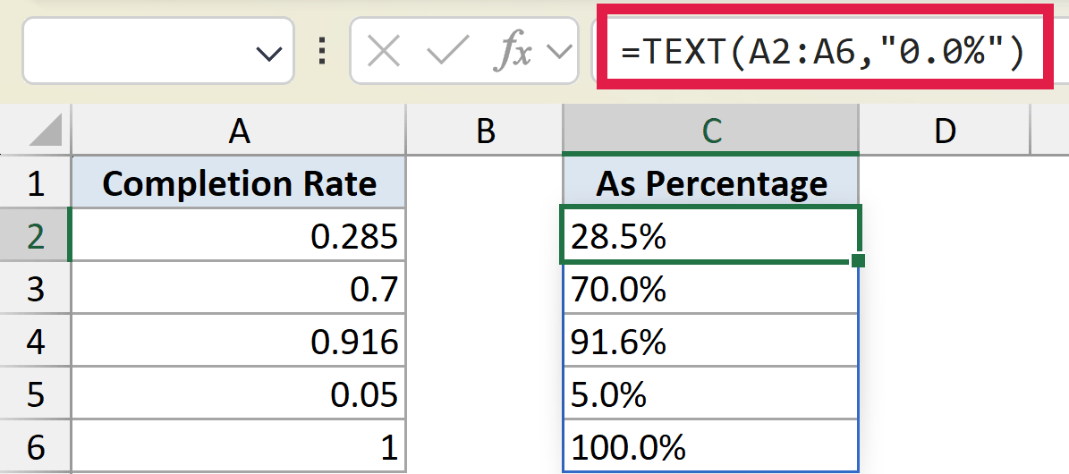 Excel formula bar showing =TEXT(A2:A6,