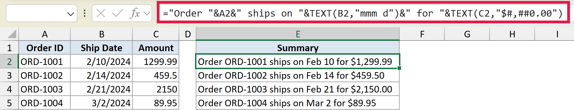 Excel formula bar highlighting a TEXT function combining order ID, date, and currency into a summary sentence in column E