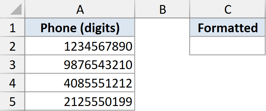Excel dataset for TEXT function example 6 showing phone digits in column A and empty Formatted column C